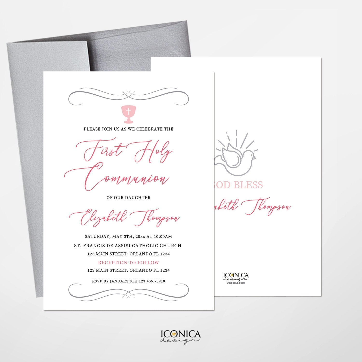 Pink First Communion Invitations, Silver Chalice, Dove, Religious Event