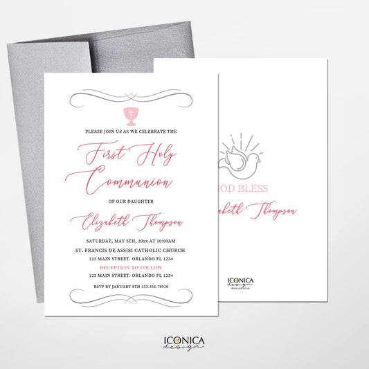 Pink First Communion Invitations, Silver Chalice, Dove, Religious Event