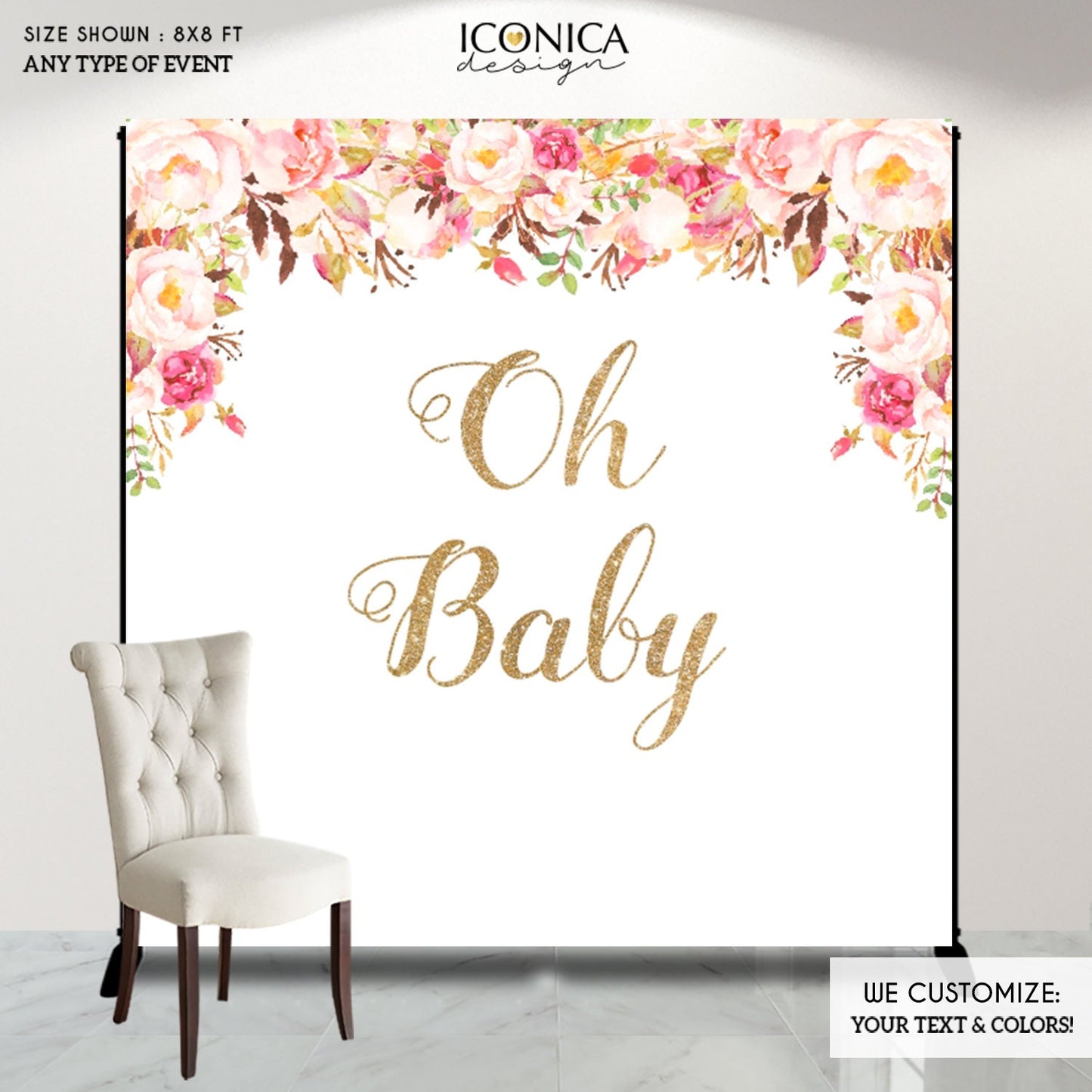 Floral Baby Shower Backdrop, Bohemian Watercolor Flowers (Printed or Printable File)