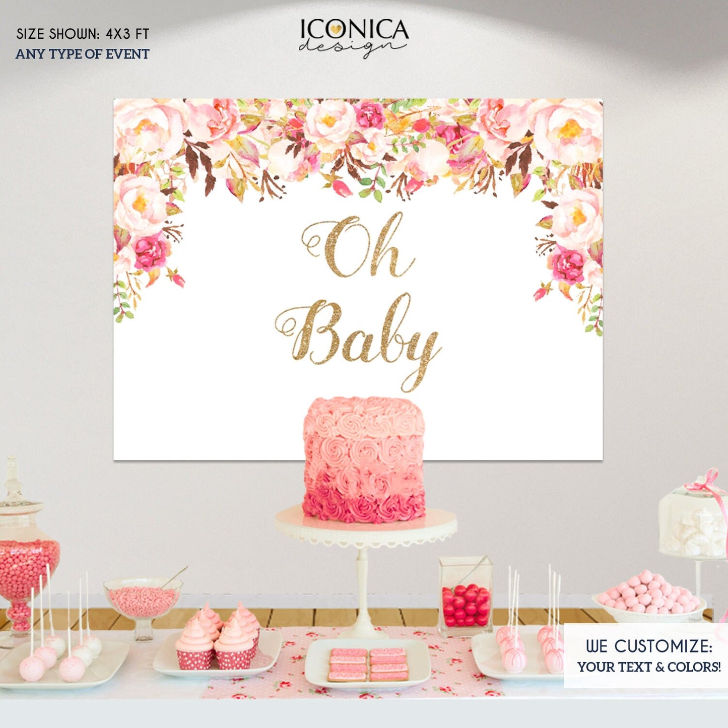 Floral Baby Shower Backdrop, Bohemian Watercolor Flowers (Printed or Printable File)