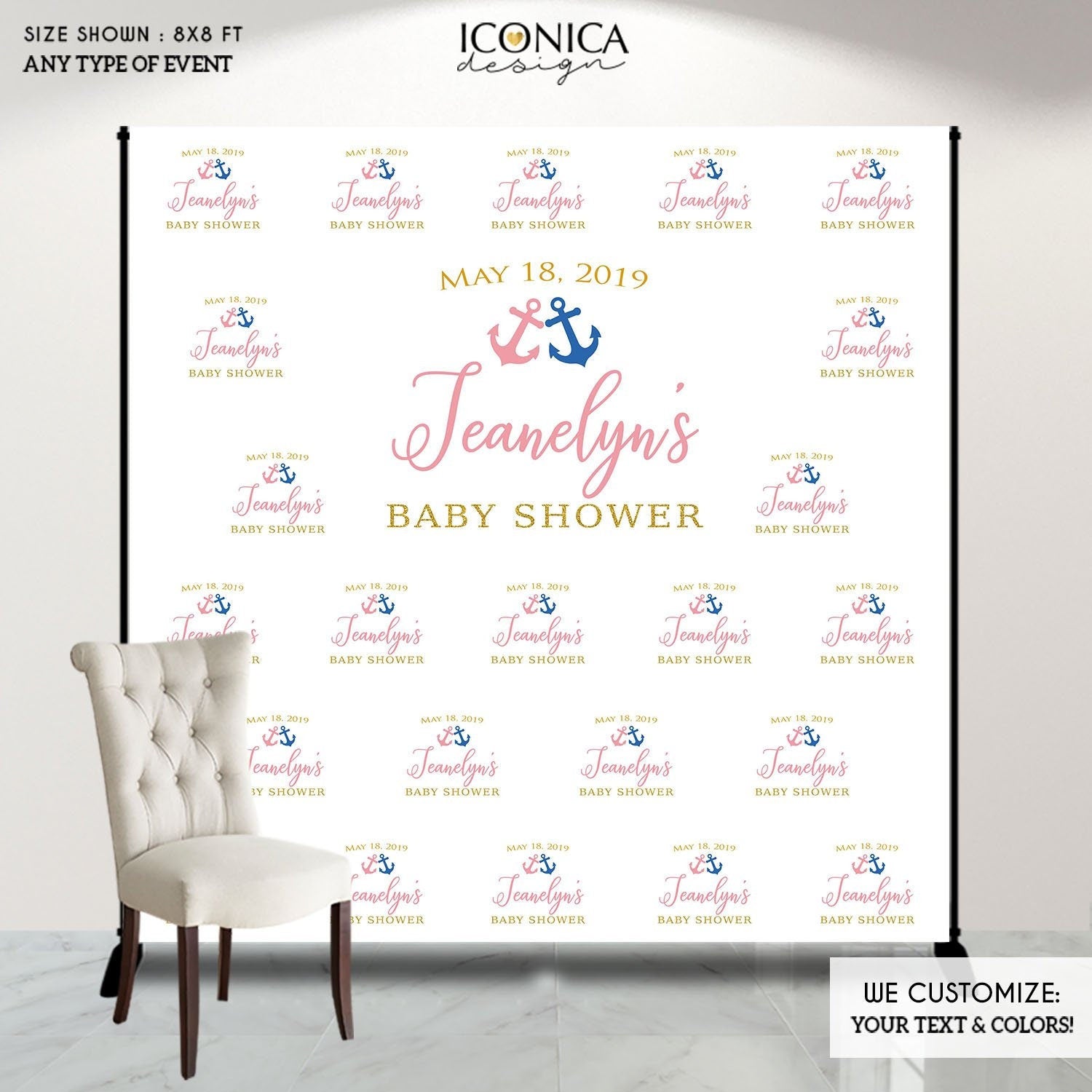 Nautical Baby Shower Backdrop, Gender Reveal, Pink or Blue Anchors