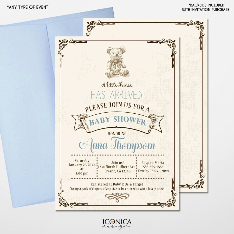 Vintage Teddy Bear Baby Shower Invitations - Brown & Blue, Printed or Printable