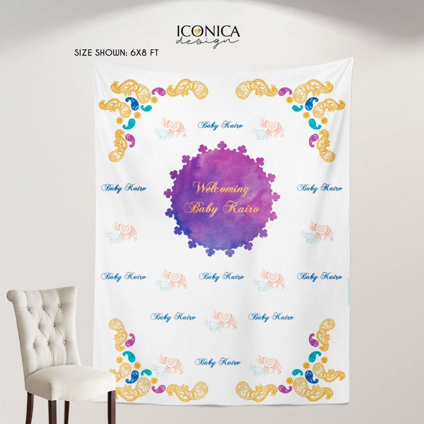 Elephant Baby Shower Backdrop, Moroccan Indian Party Decor (Printed or Printable File)