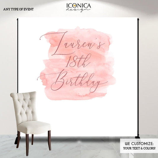 Pink Watercolor 18th Birthday Backdrop, Personalized Party Decor (Printed or Printable File)