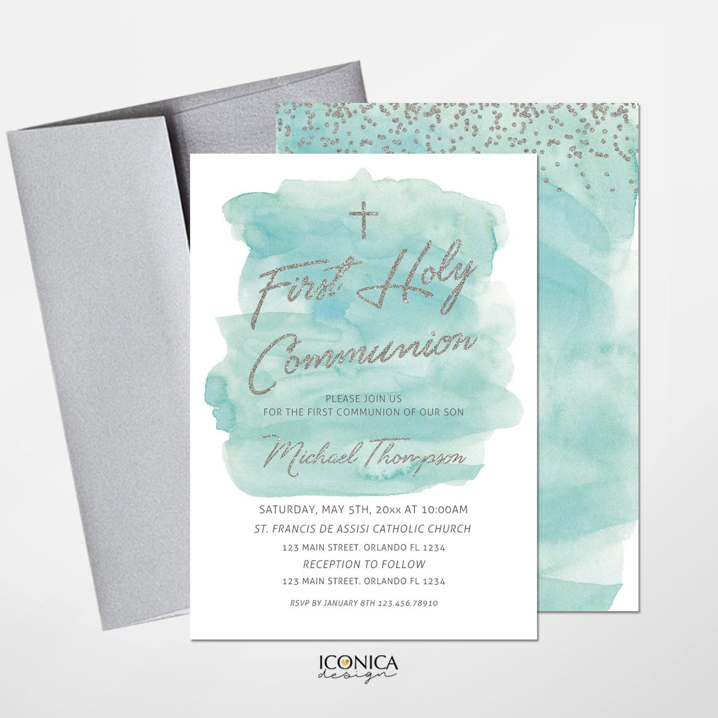 Mint Green First Communion Invitation, Faux Silver Glitter (Printed or Printable)