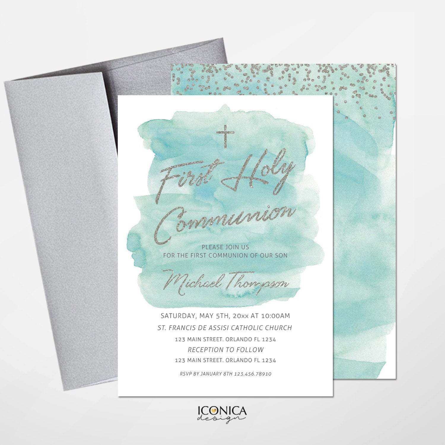 Mint Green First Communion Invitation, Faux Silver Glitter (Printed or Printable)