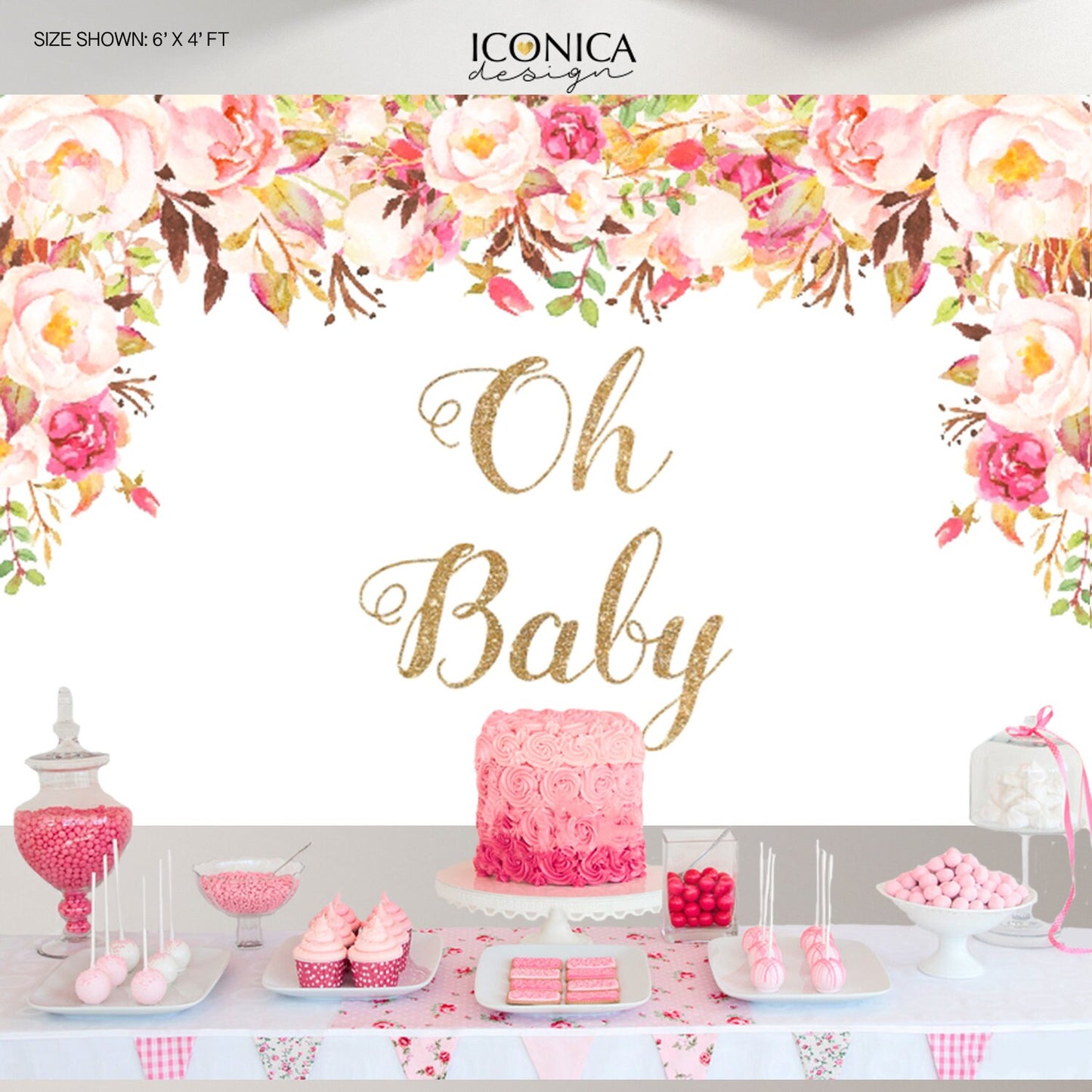 Floral Baby Shower Backdrop, Bohemian Watercolor Flowers (Printed or Printable File)