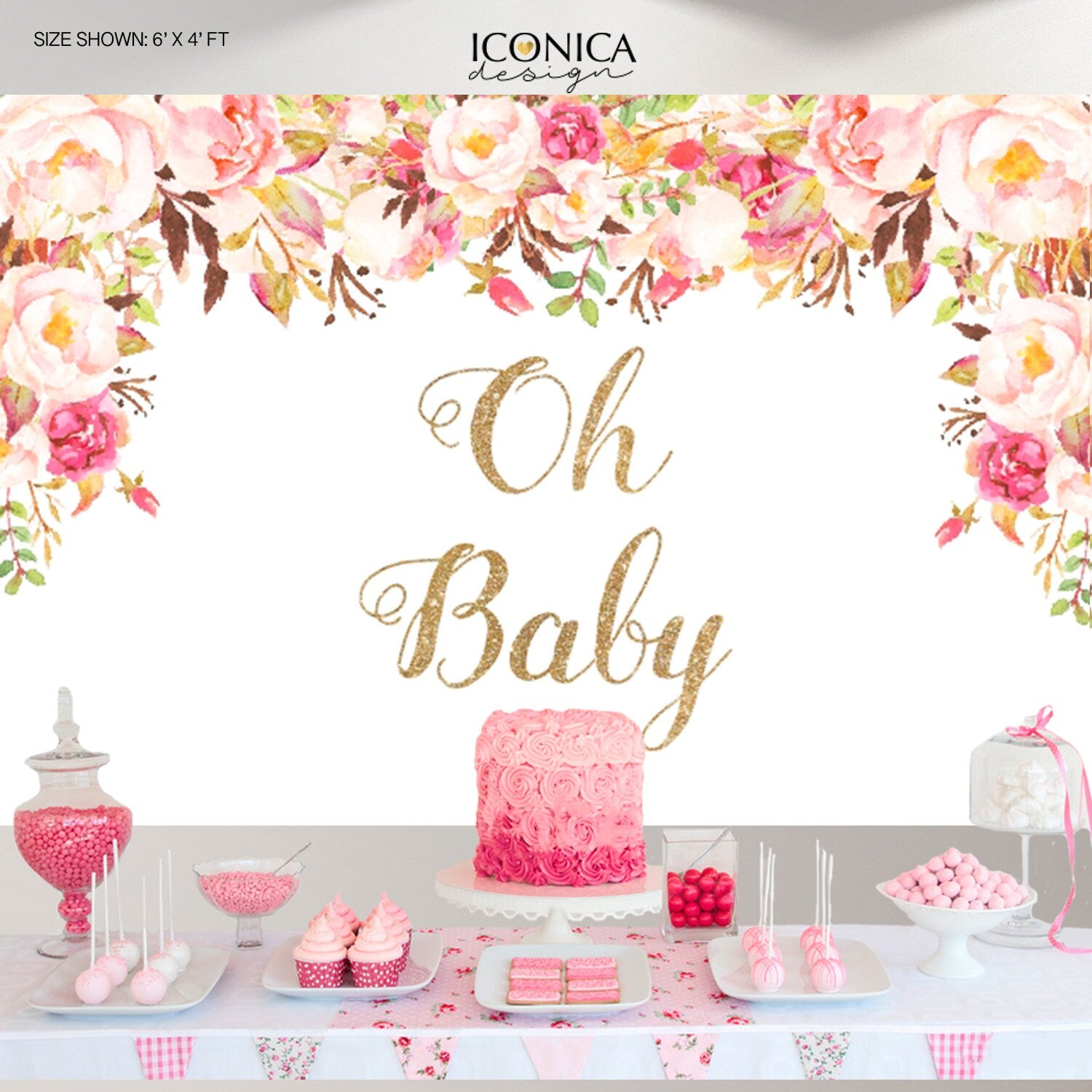 Floral Baby Shower Backdrop, Bohemian Watercolor Flowers (Printed or Printable File)