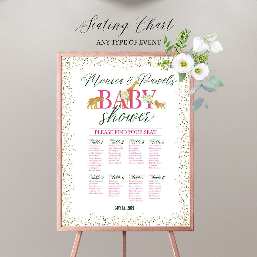 Safari Baby Shower Seating Chart, Jungle Animals Guest List (Printed or Template)