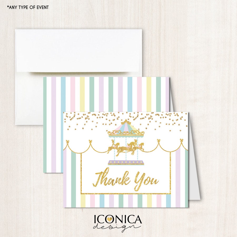 Carousel Thank You Cards, Pink Carnival Theme, Set of 10