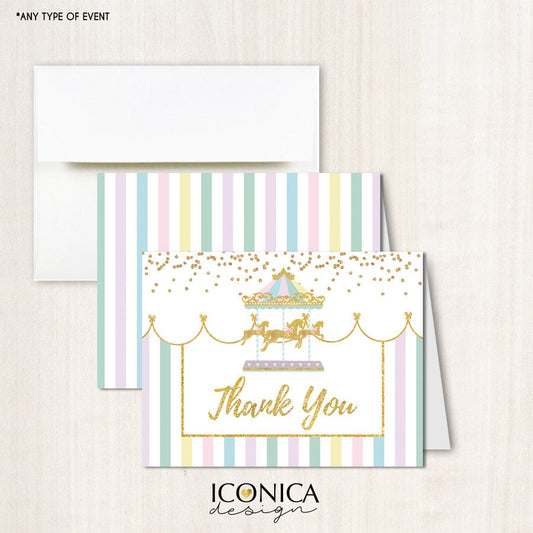 Carousel Thank You Cards, Pink Carnival Theme, Set of 10