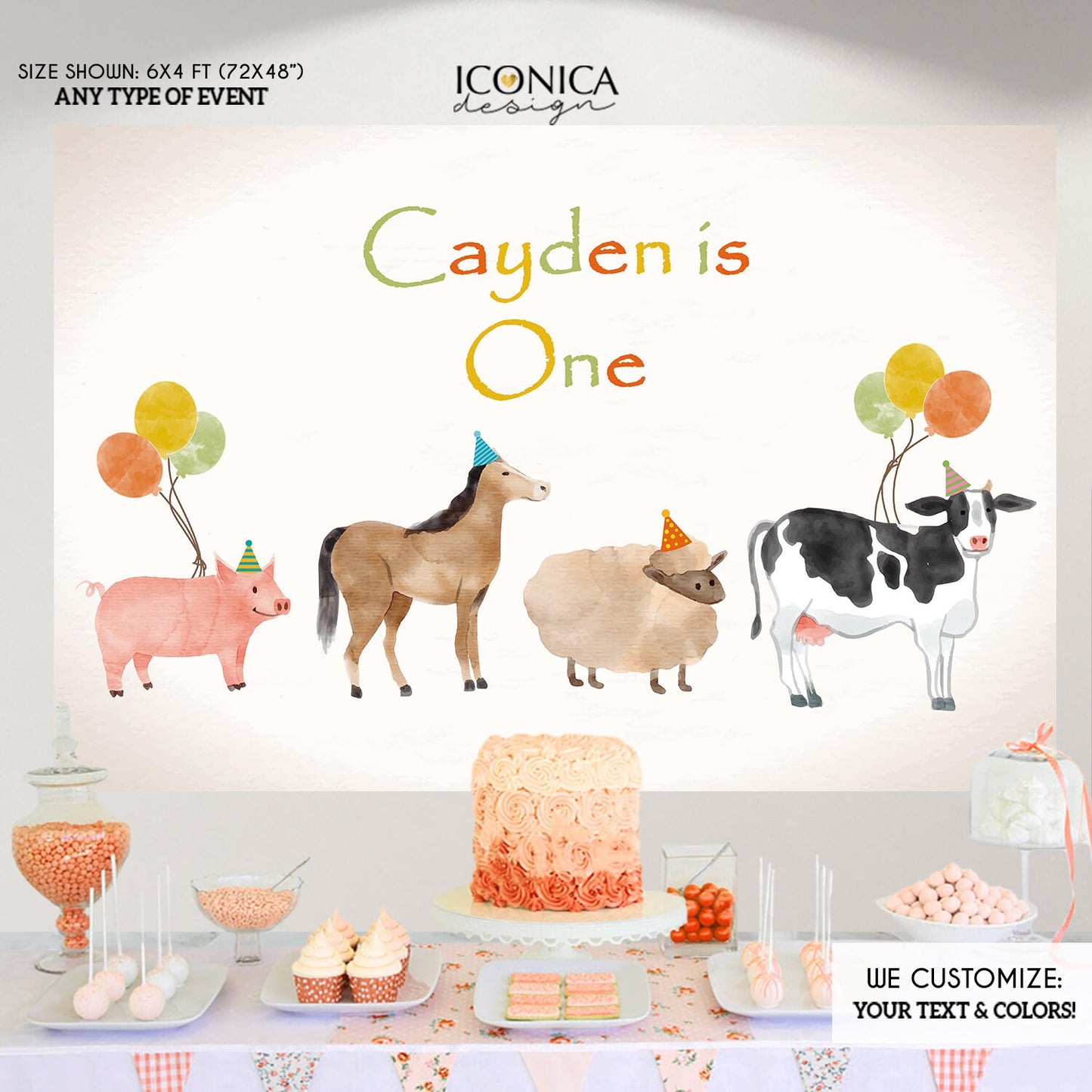 Watercolor Farm Animals Birthday Backdrop, Custom First Birthday (File or Printed)
