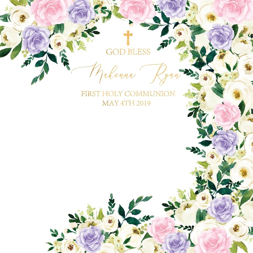 Personalized First Communion Backdrop, Floral Pink Gold Ivory Decor