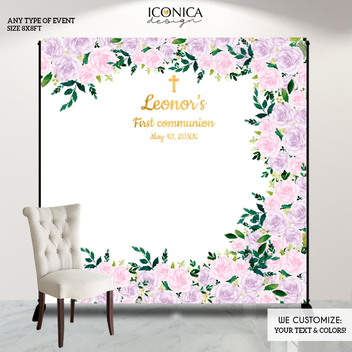 Personalized First Communion Backdrop, Pink Floral, Gold Ivory Decor