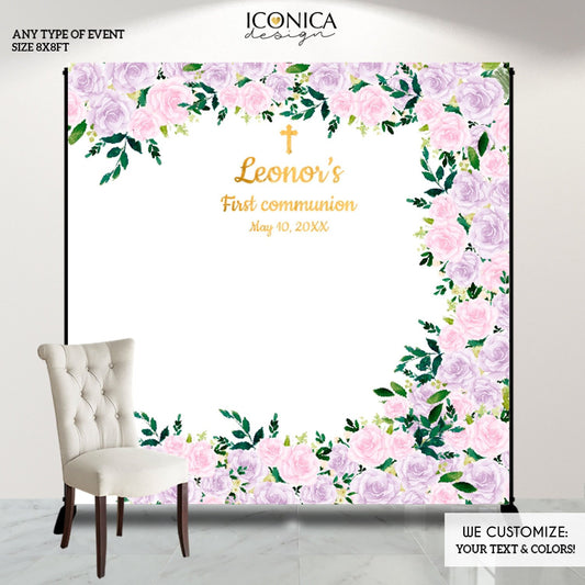 Personalized First Communion Backdrop, Pink Floral, Gold Ivory Decor