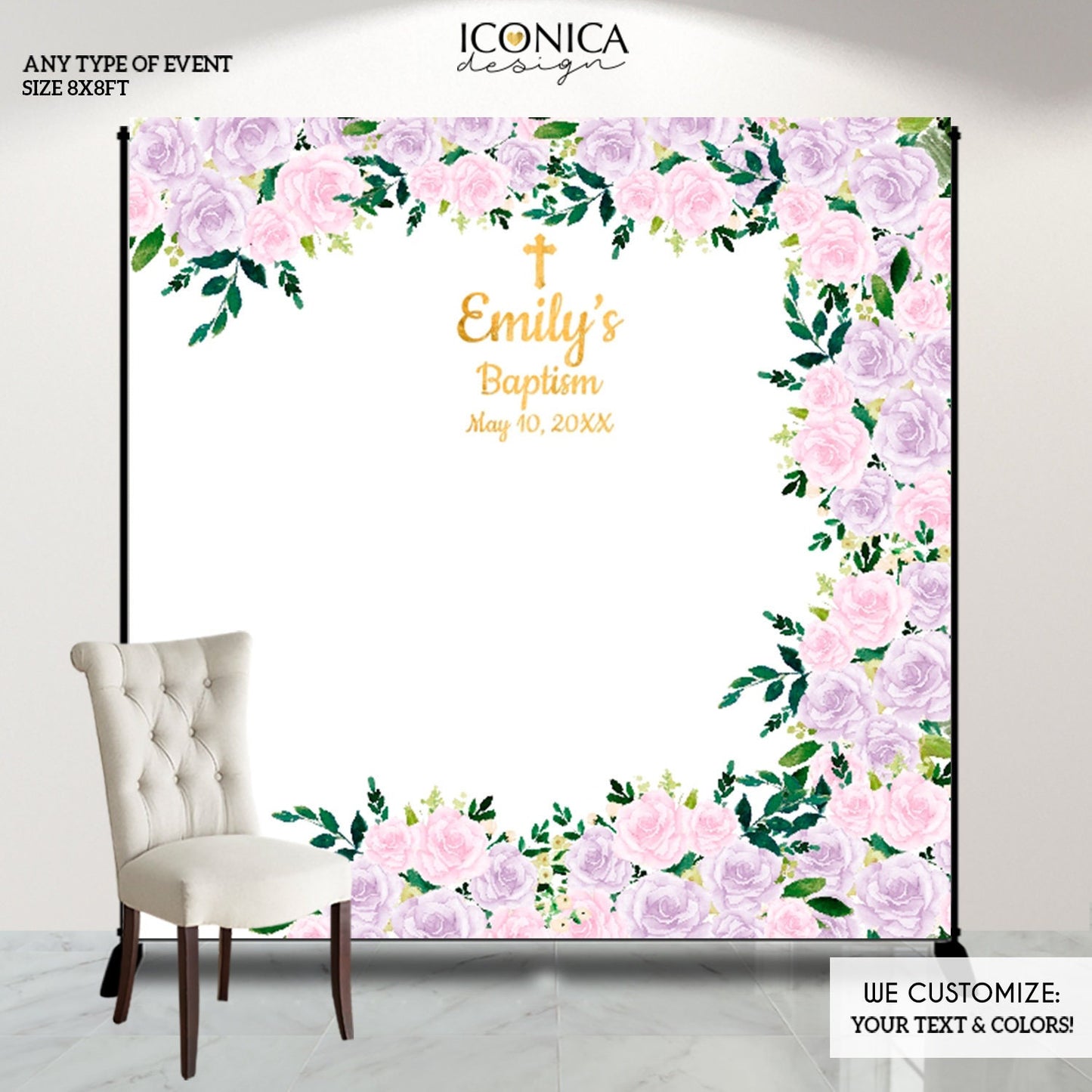 Floral Baptism Backdrop, Personalized God Bless Decor