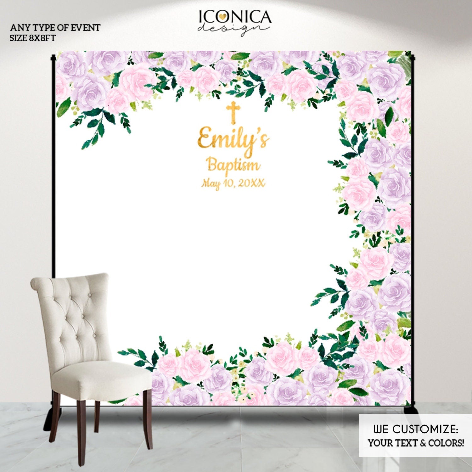 Floral Baptism Backdrop, Personalized God Bless Decor