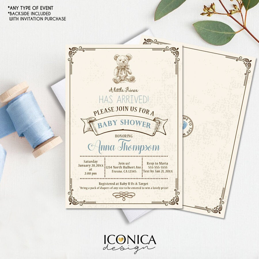 Vintage Teddy Bear Baby Shower Invitations - Brown & Blue, Printed or Printable