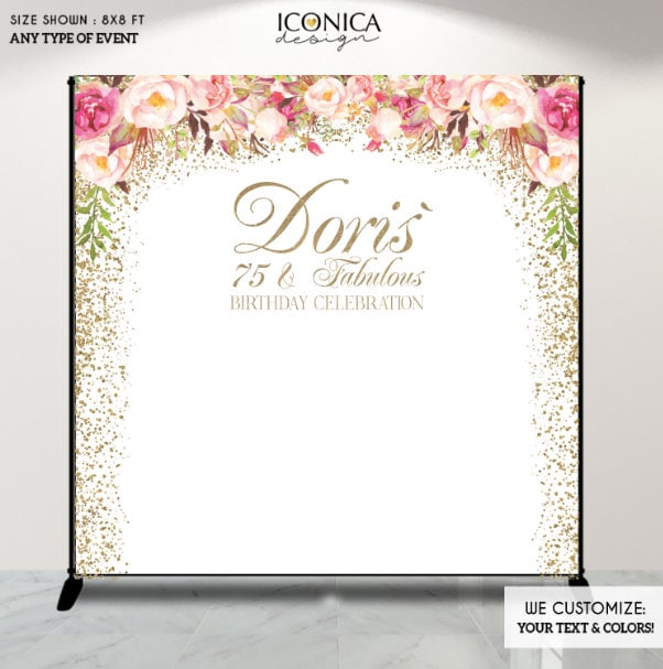 Personalized Birthday Backdrop, Watercolor Peonies, Custom Text & Age