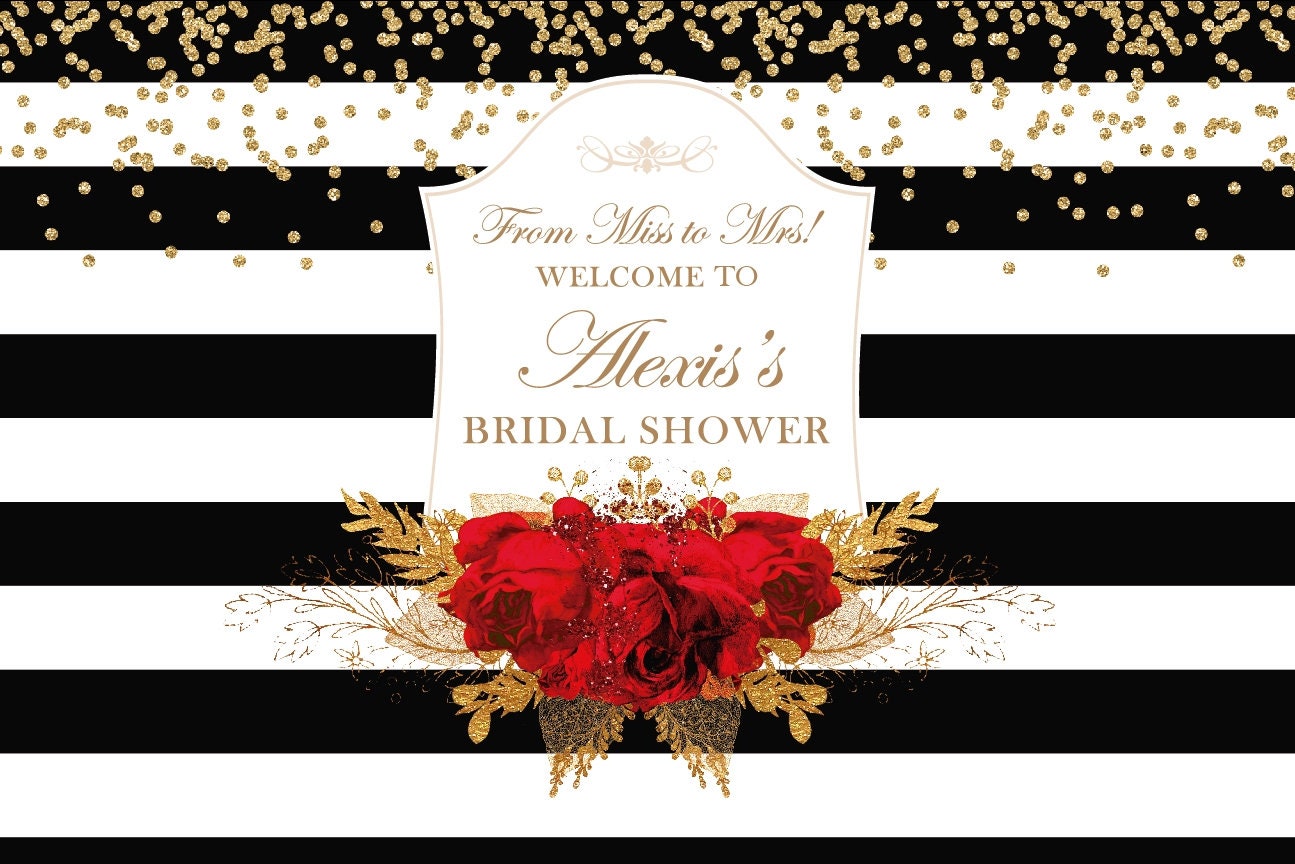 Black and White Bridal Shower Backdrop, Red Roses, Gold Floral (Printed or Printable File)