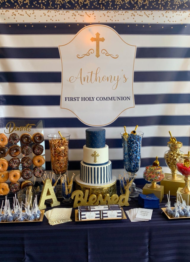 First Communion Photo Booth Backdrop, Blue Gold Stripes, Personalized (Printed or Printable File)