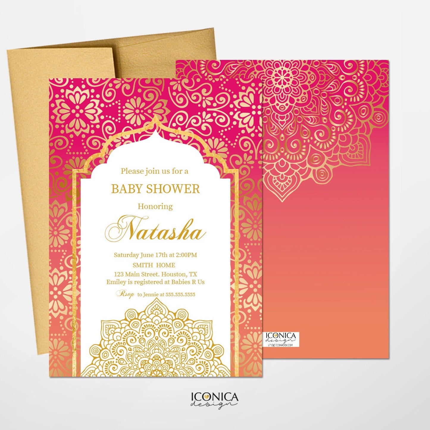 Moroccan Quinceañera Invitation, Gold Mandala, Pink Orange