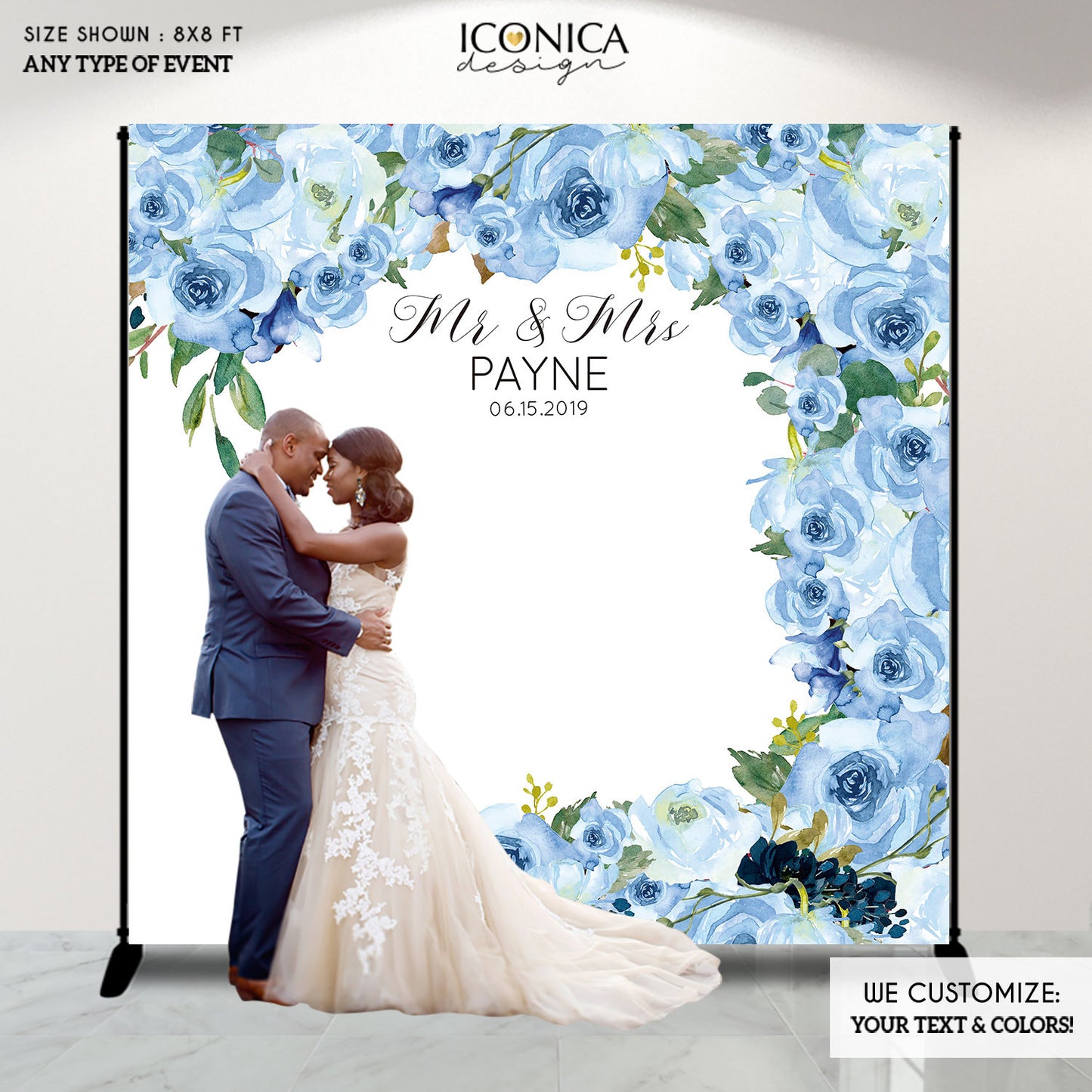 Floral Wedding Photo Backdrop, Personalized Engagement Party Banner