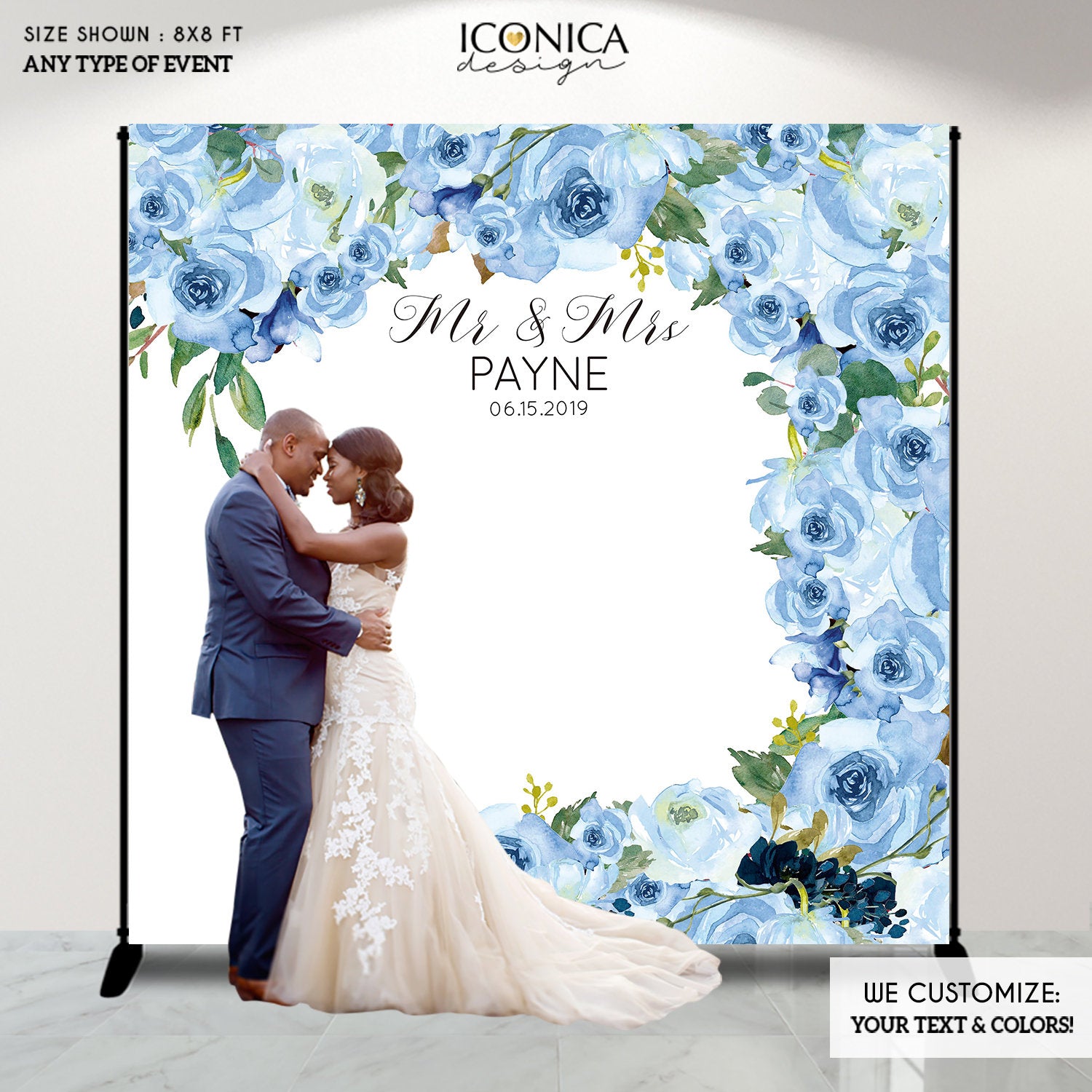 Floral Wedding Photo Backdrop, Personalized Engagement Party Banner