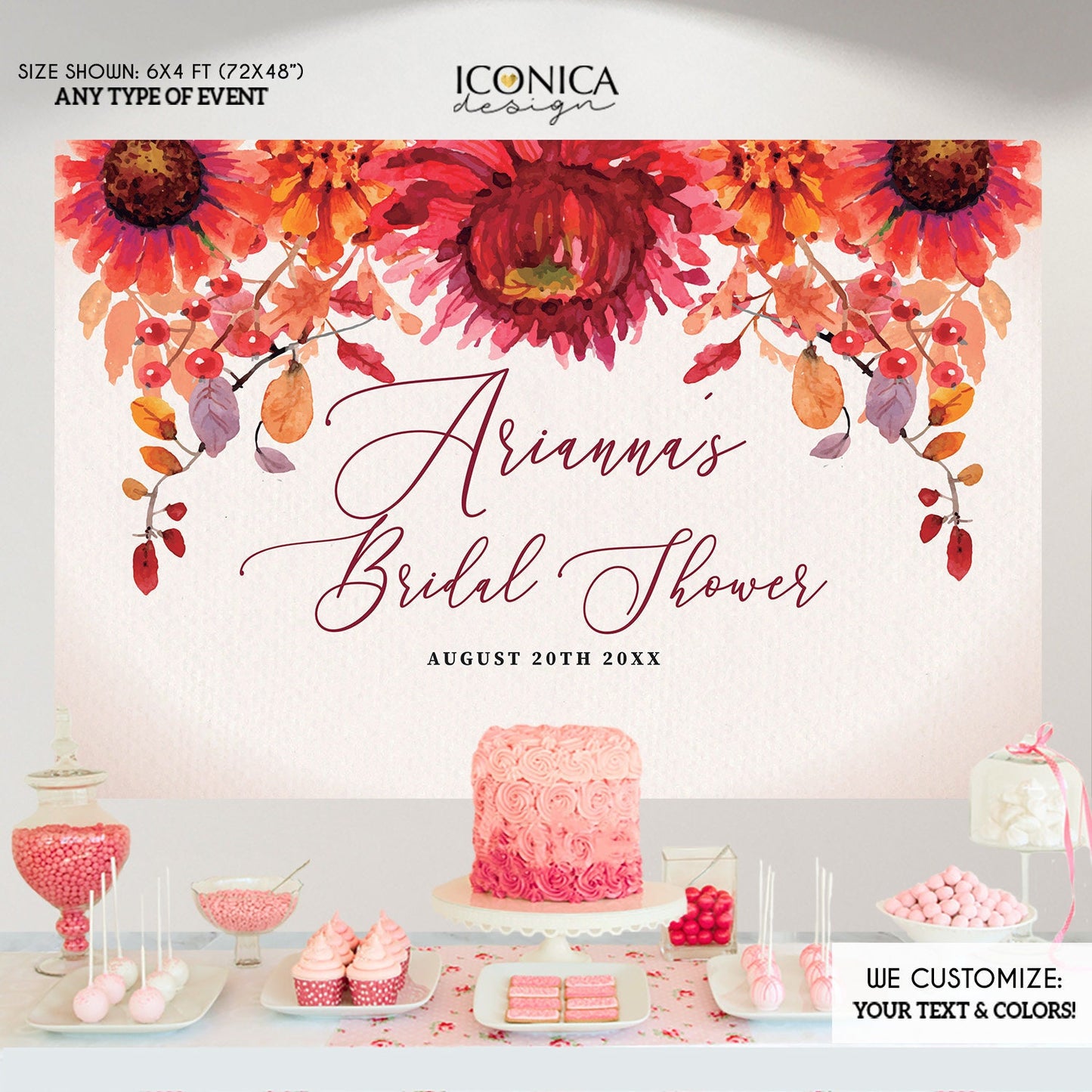 Fall Bridal Shower Backdrop, Watercolor Leaves Banner (Printed or File)