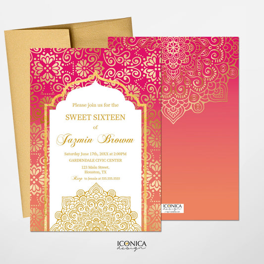 Moroccan Sweet Sixteen Invitation, Gold Pink, Printed or Printable