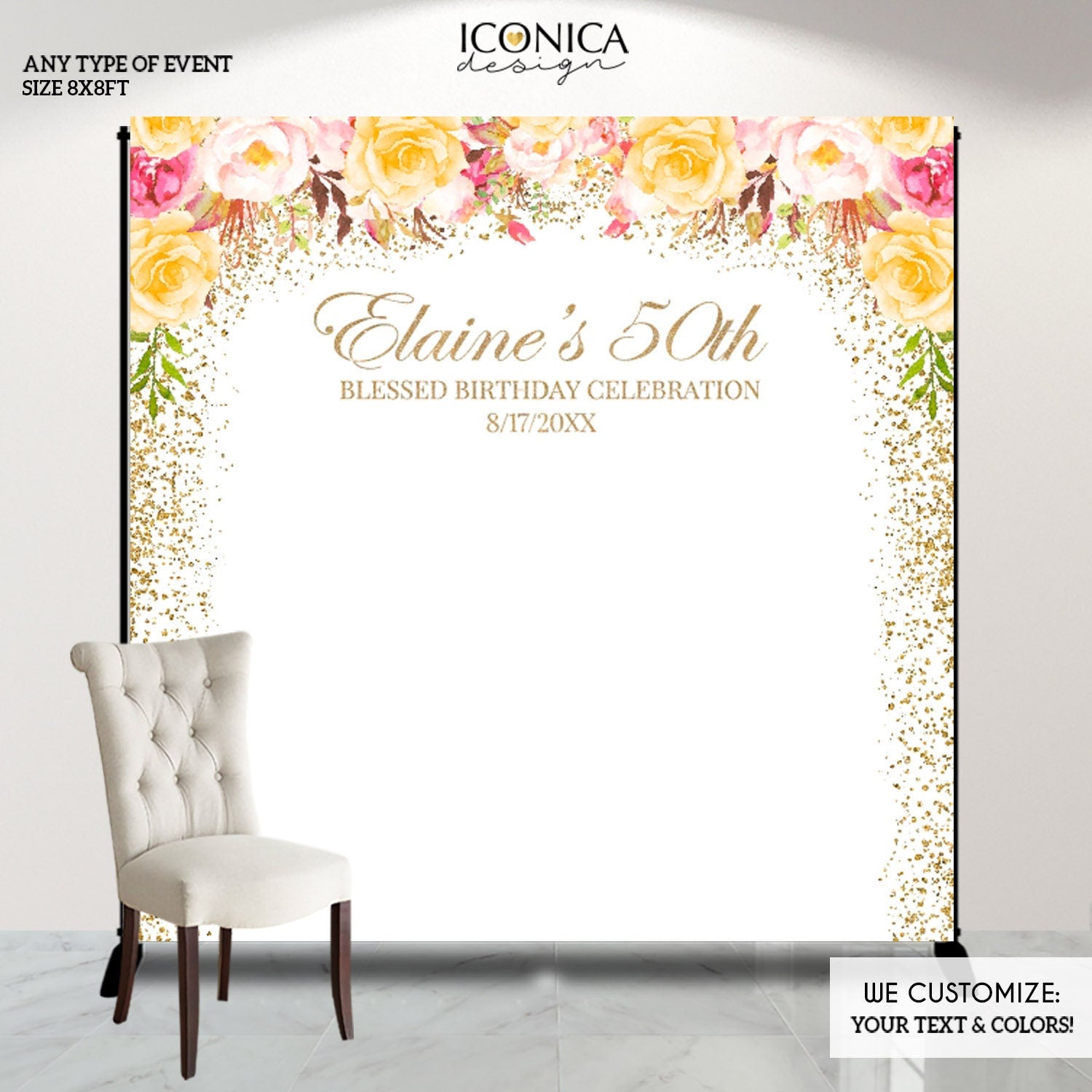 Personalized 50th Birthday Backdrop, Floral Banner