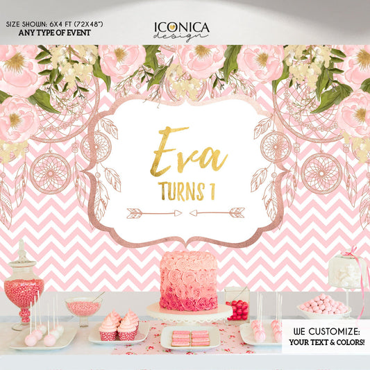 Floral Tribal Bridal Shower Backdrop, Rose Gold & Pink (Printed or Printable File)