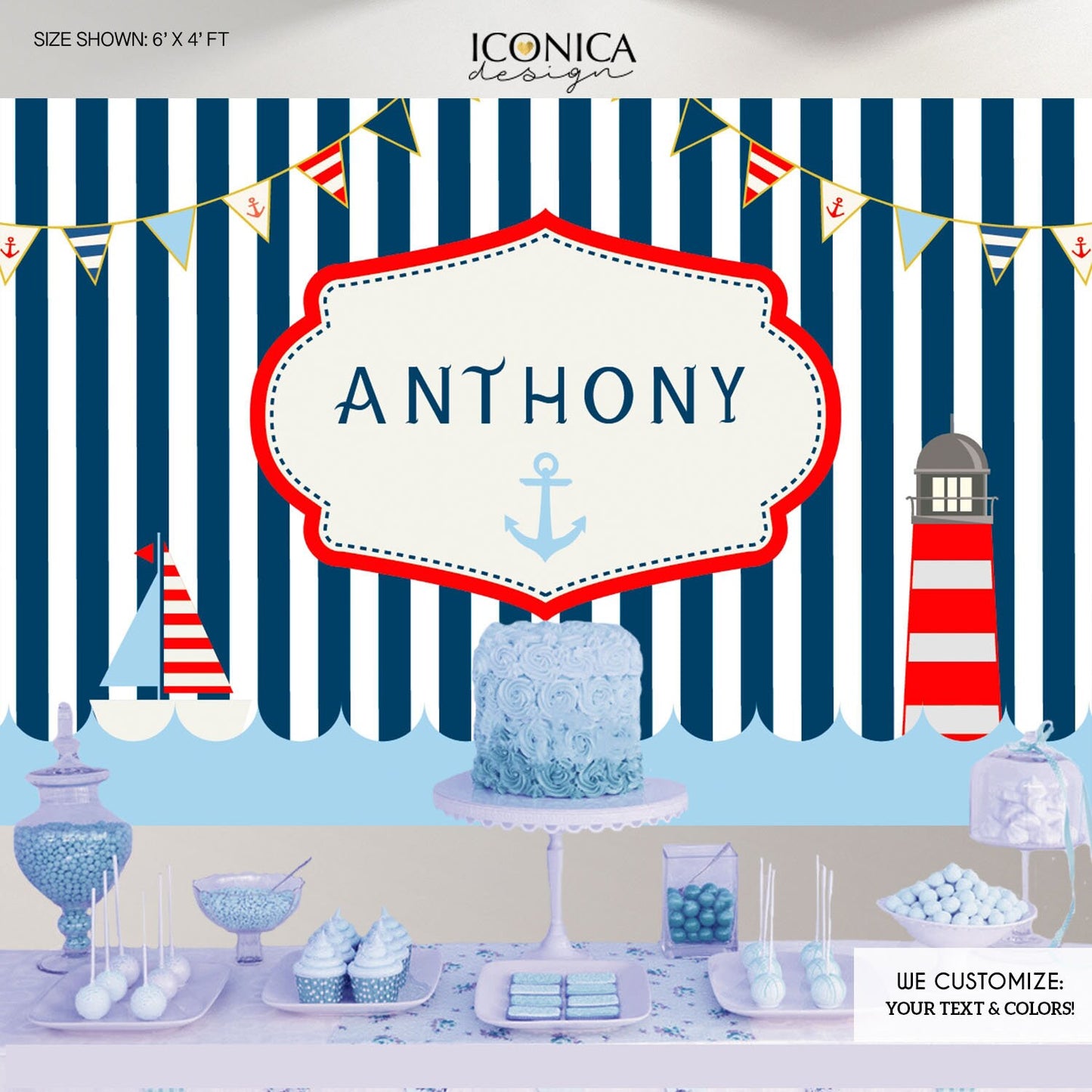 Nautical Birthday Party Backdrop, Sailor Theme, Vinyl or Fabric (Printed or Printable File)