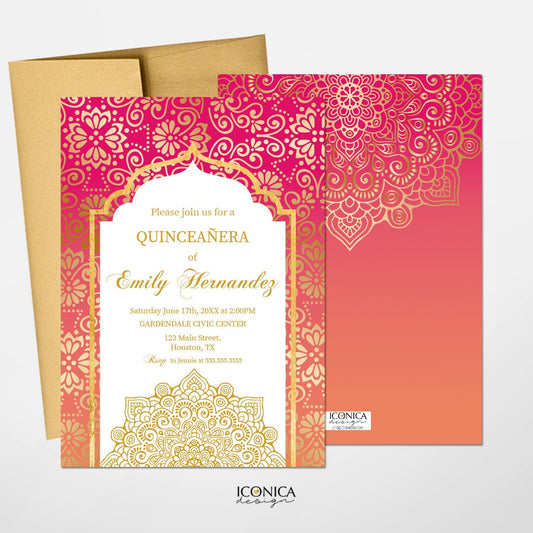 Moroccan Quinceañera Invitation, Gold Mandala, Pink Orange