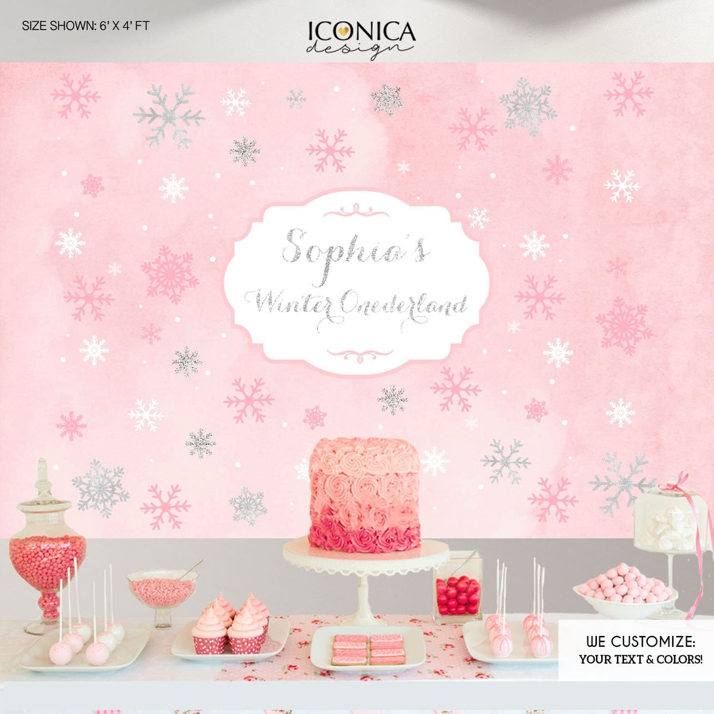 Winter ONEderland Backdrop, Pink Snowflake Birthday (Printed or Printable File)