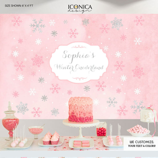 Winter ONEderland Backdrop, Pink Snowflake Birthday (Printed or Printable File)