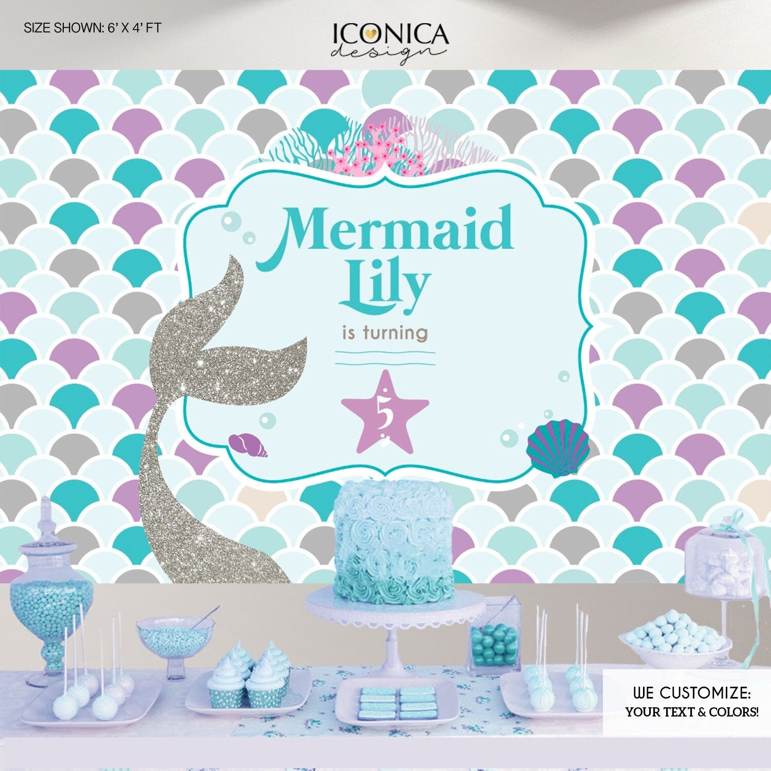 Custom Mermaid Party Backdrop, Under The Sea Banner (Printed or Printable)