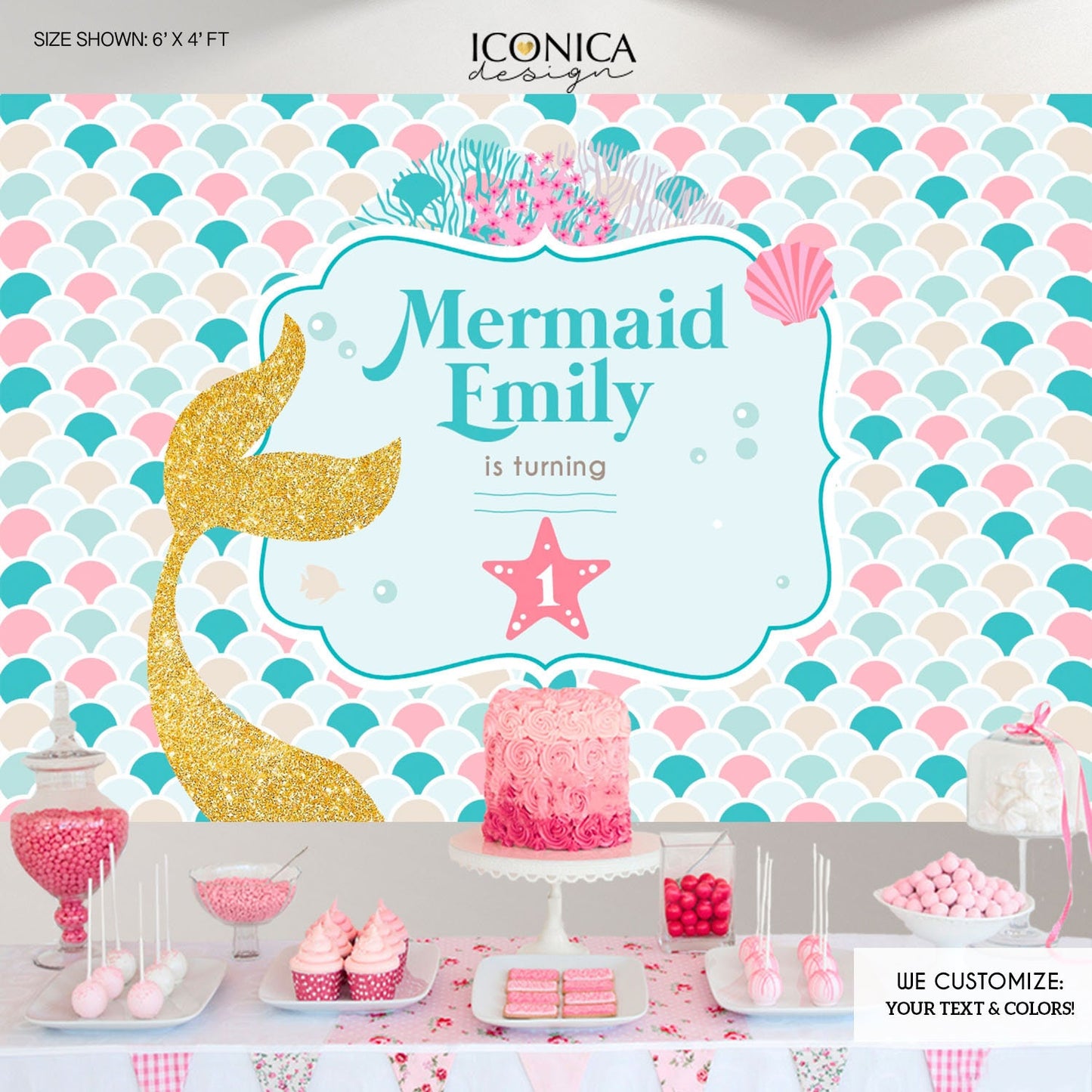 Mermaid Birthday Party Backdrop, Pink, Blue, and Gold Glitter