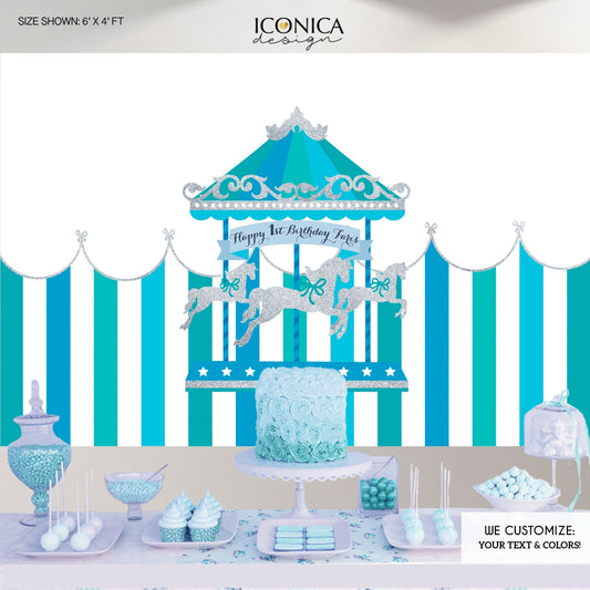Carousel 1st Birthday Backdrop, Silver Glitter, Blue (Printed or Printable File)