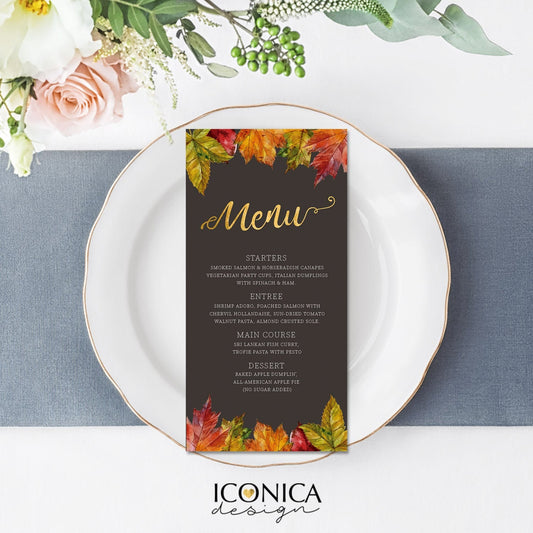 Fall Leaves Menu Card, Engagement Party, Printed or Digital
