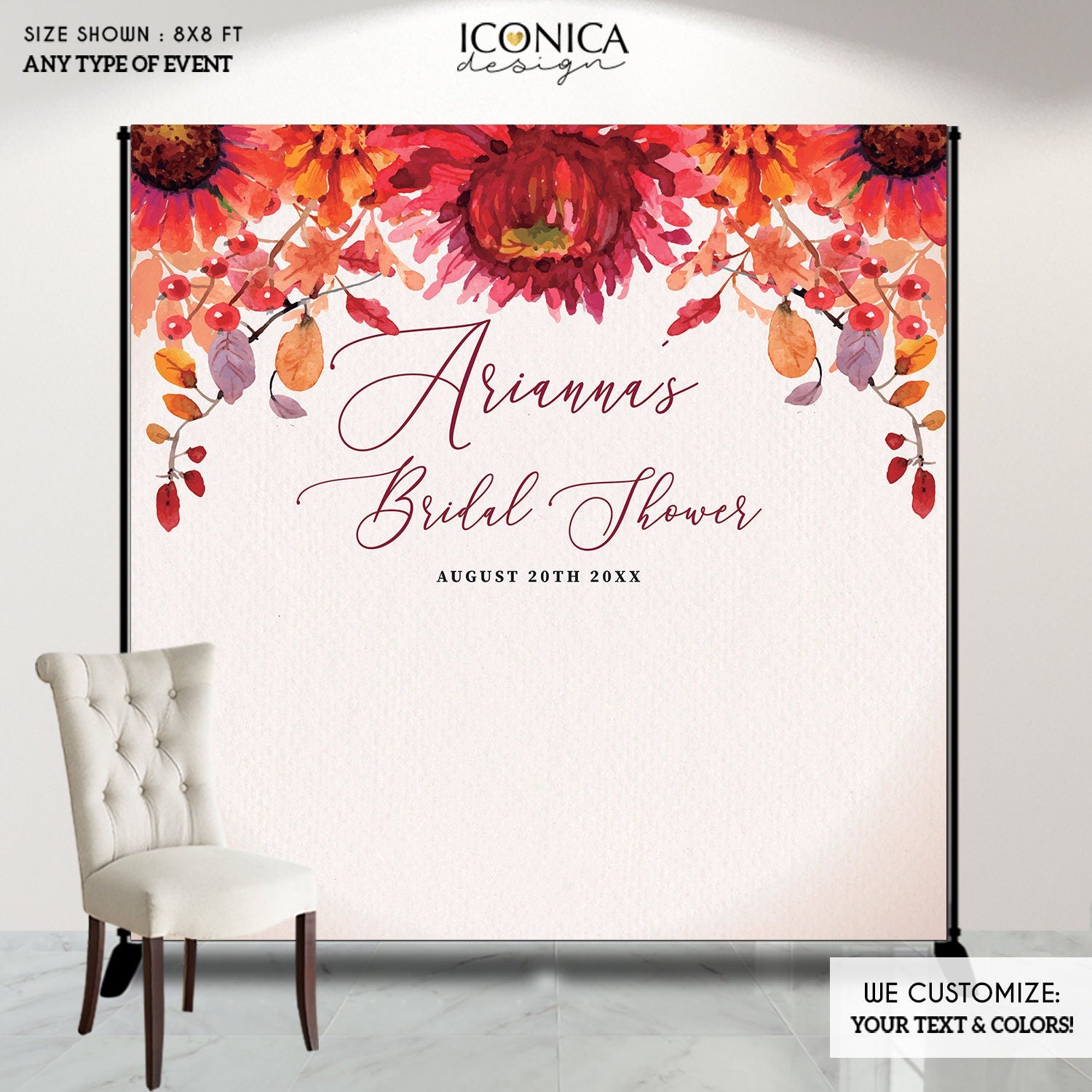 Fall Bridal Shower Backdrop, Watercolor Leaves Banner (Printed or File)