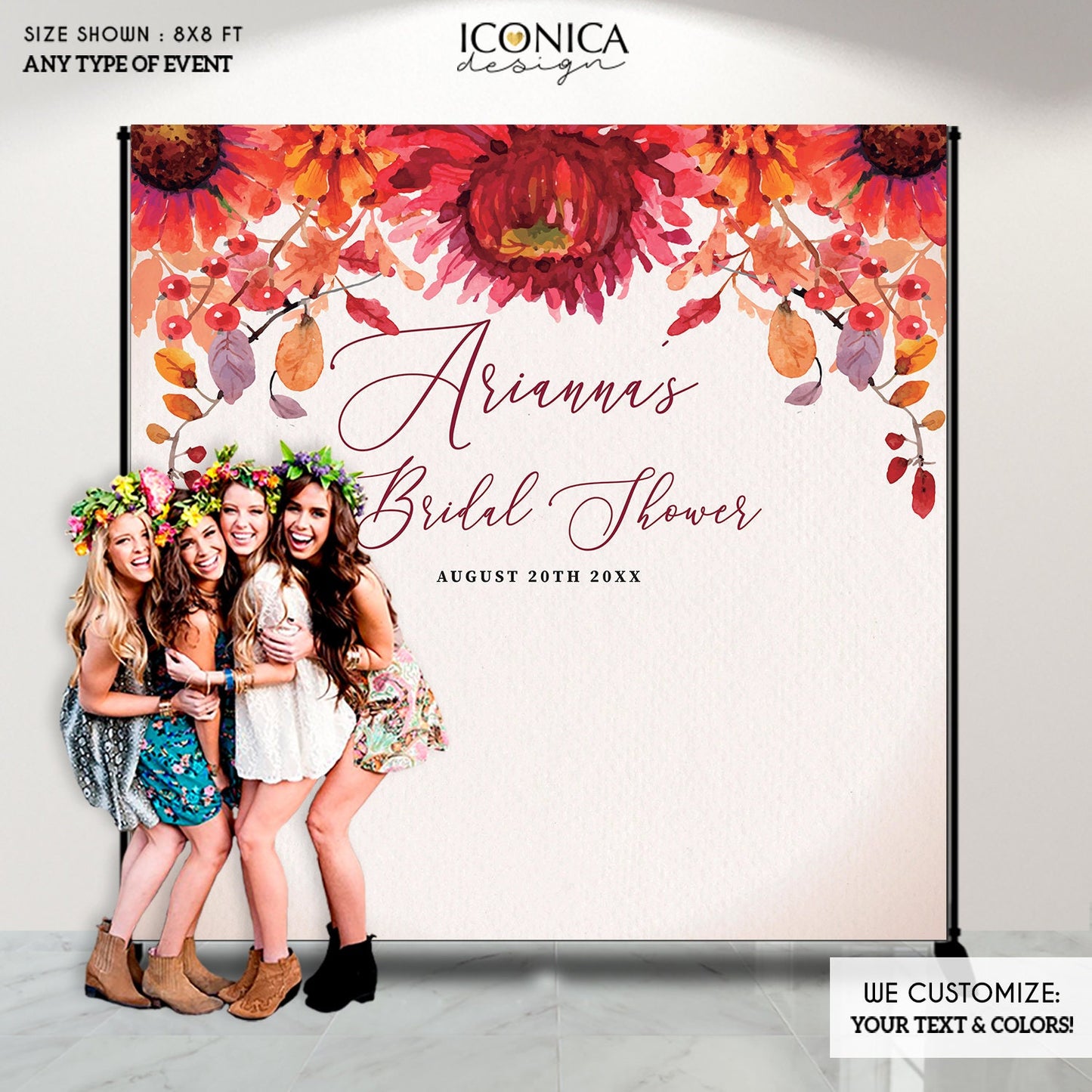Fall Bridal Shower Backdrop, Watercolor Leaves Banner (Printed or File)