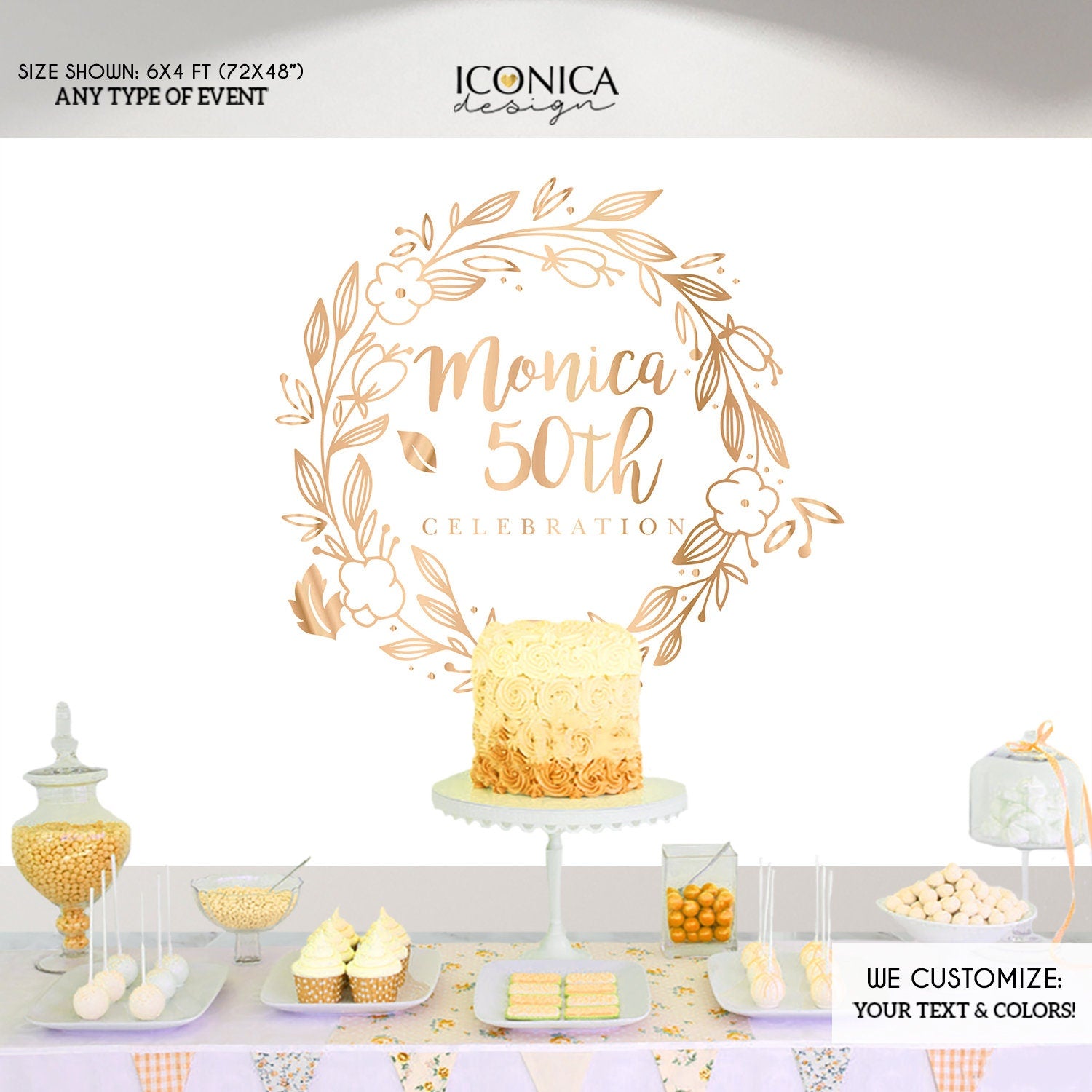 Winter Party Photo Booth Backdrop, Gold Floral Wreath (Printed or Printable File)
