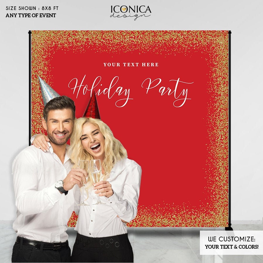 Red and Gold Holiday Party Backdrop, Custom Printable File