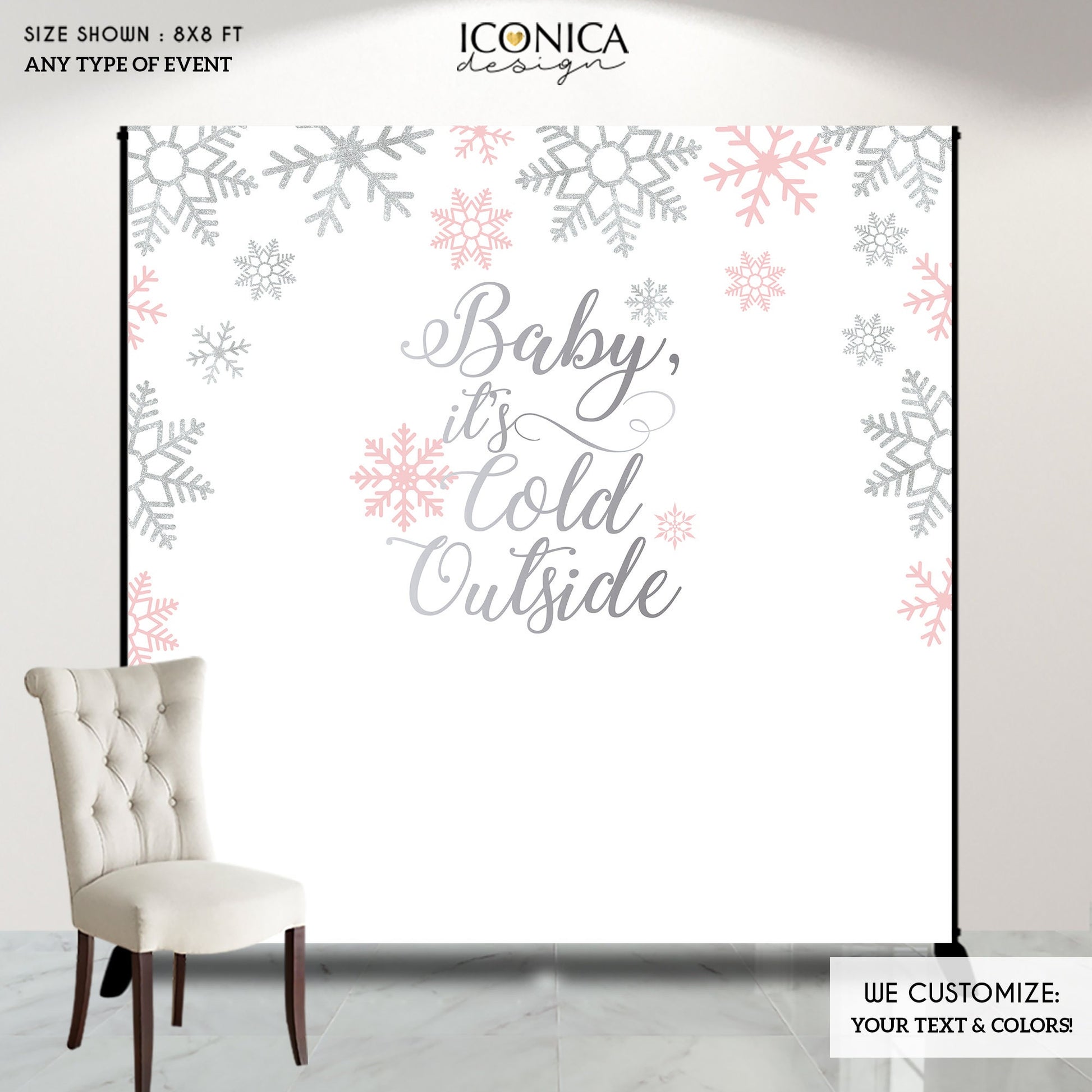 Winter Wonderland Backdrop, Pink Silver Snowflakes, Baby Shower