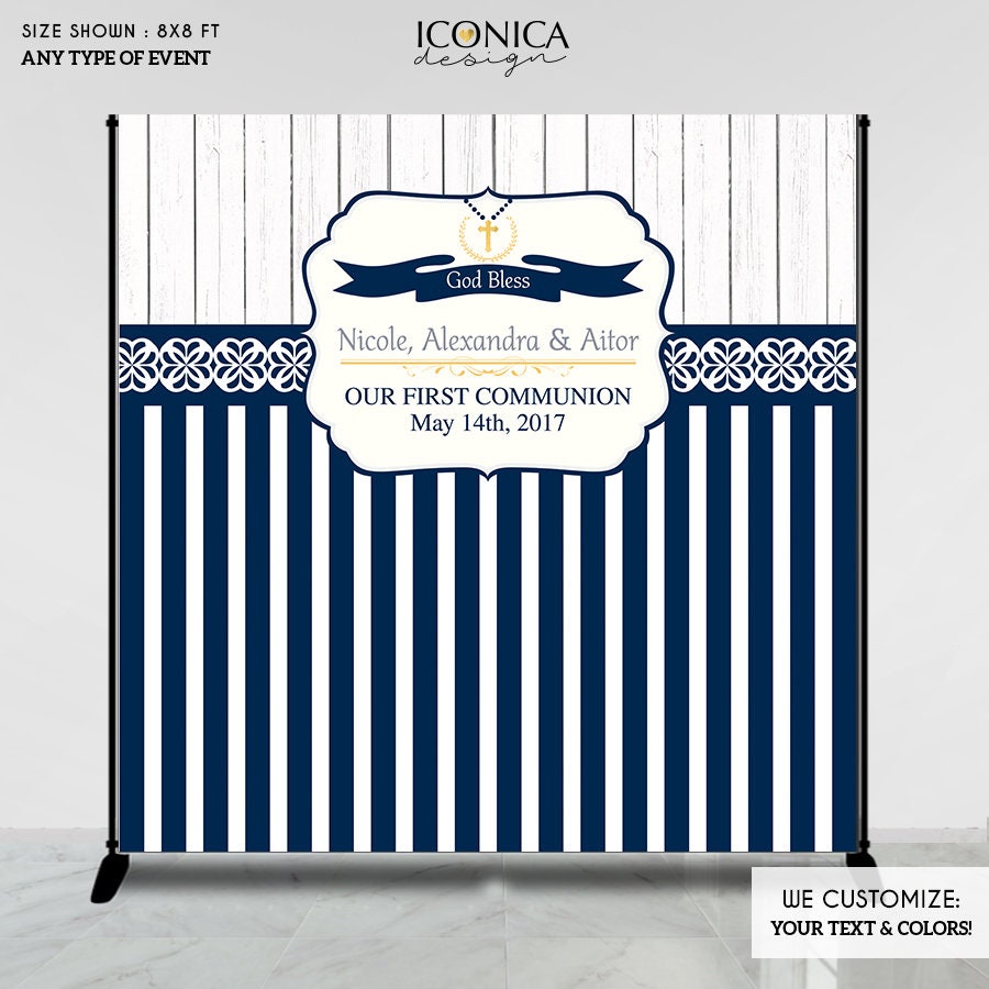 Rustic First Communion Backdrop, Navy Blue Stripes (Printed or Printable File)