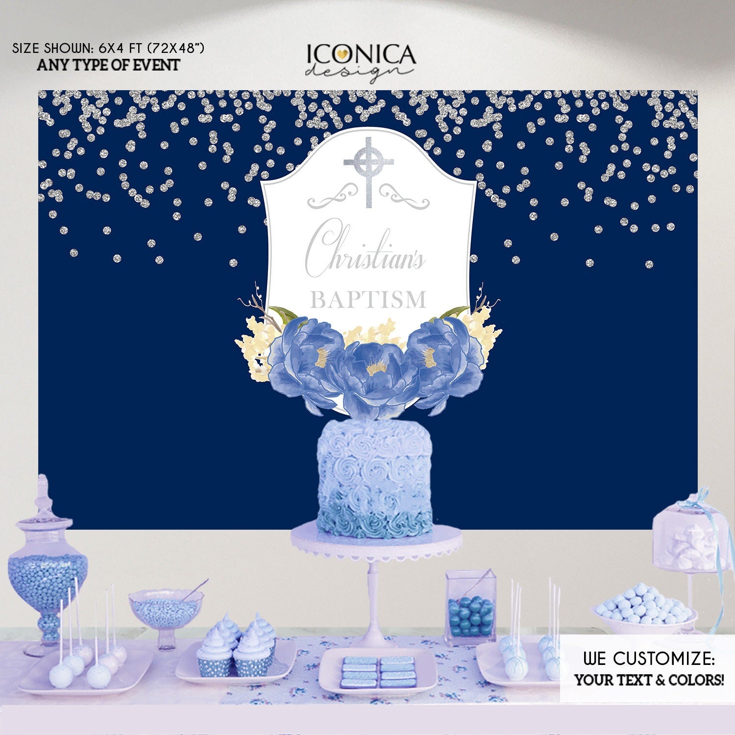 Blue Peony Baptism Backdrop, First Communion Banner (Printed or Printable)