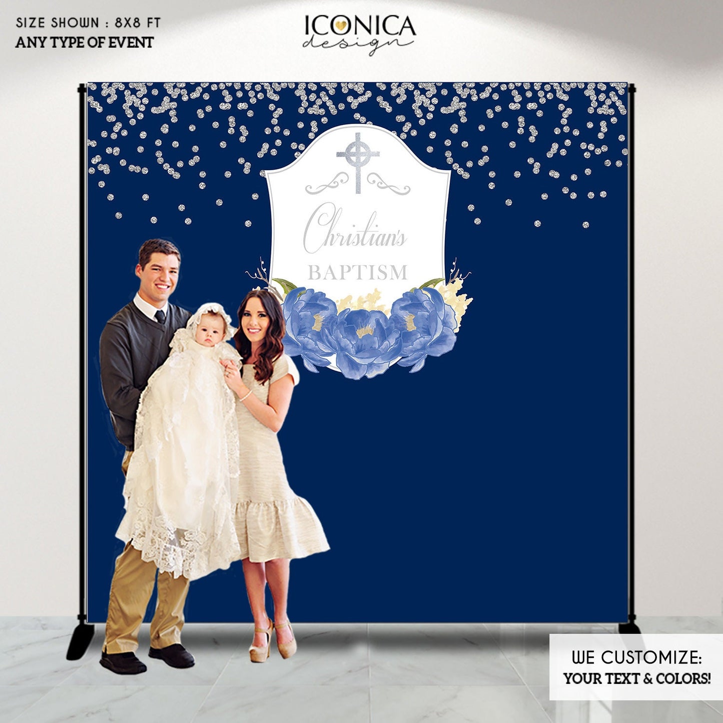 Blue Peony Baptism Backdrop, First Communion Banner (Printed or Printable)