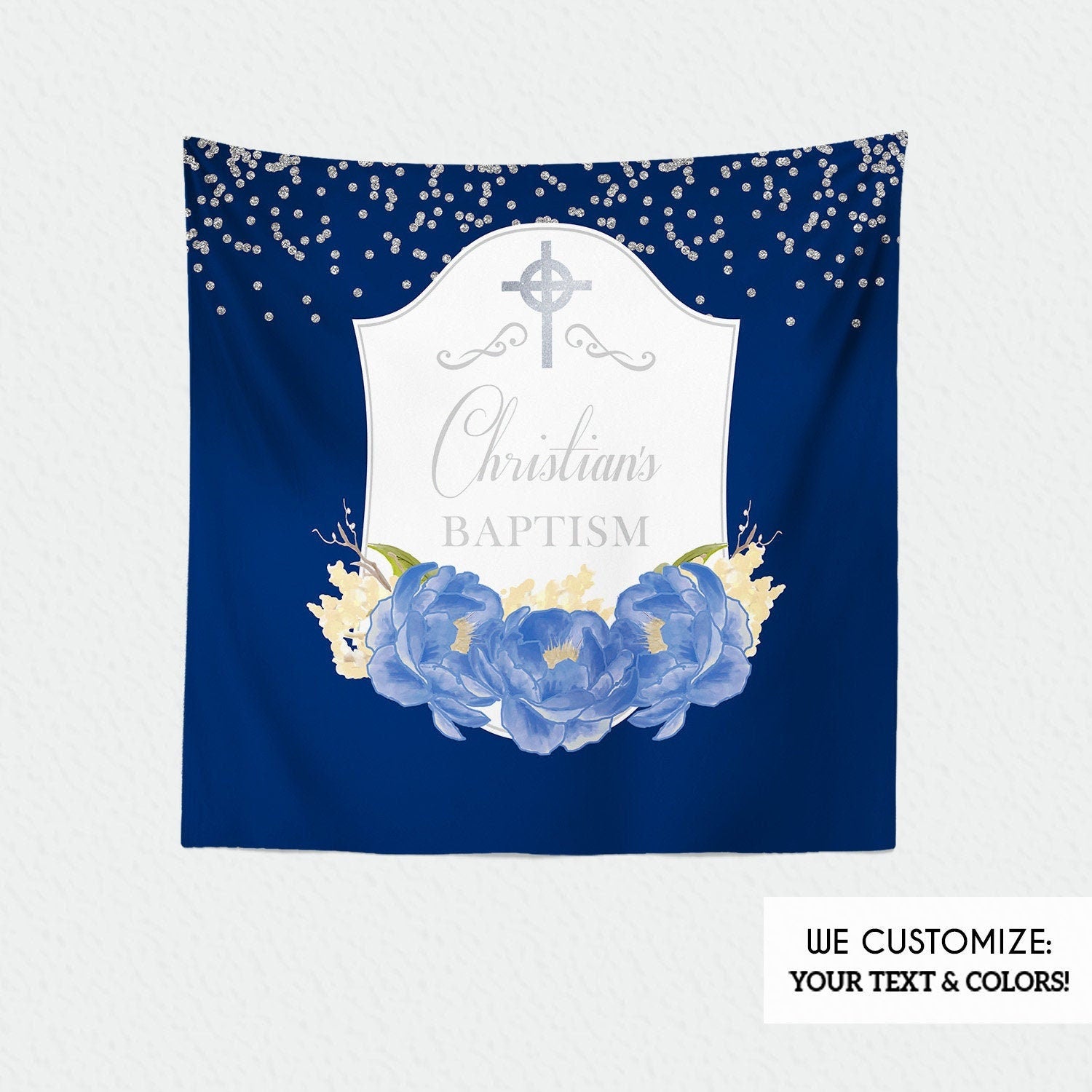 Blue Peony Baptism Backdrop, First Communion Banner (Printed or Printable)