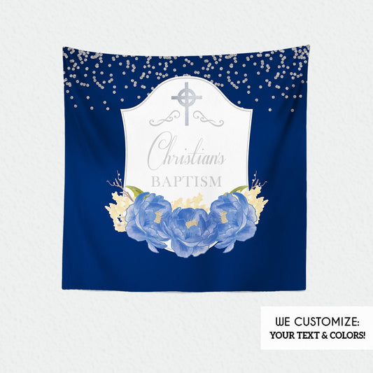 Blue Peony Baptism Backdrop, First Communion Banner (Printed or Printable)
